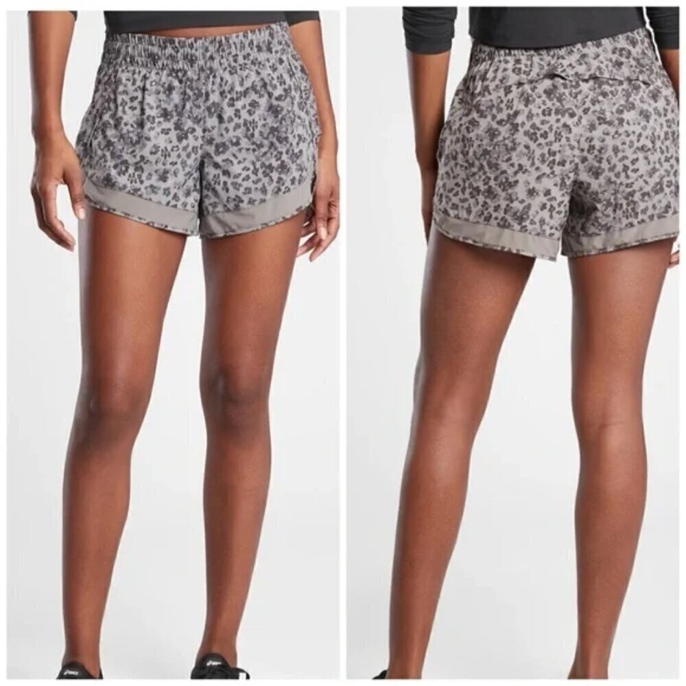 Athleta Print Printed Mesh Run Racer Short 4", Gray/Black Leopard, Size XS